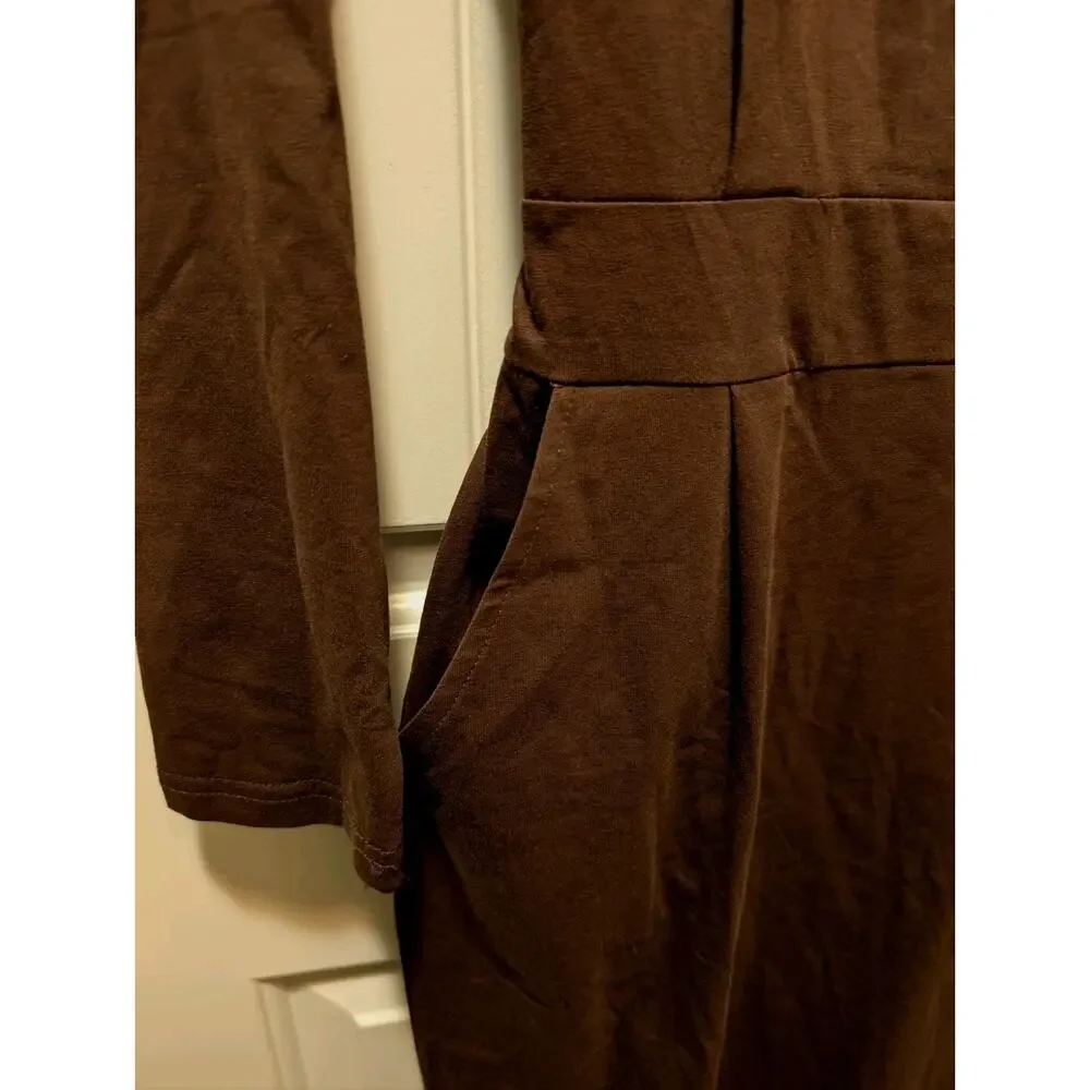 NEW Pretty Garden Bodycon Midi Dress Women's M Brown Long Sleeve Belted Pockets - Picture 5 of 9